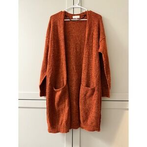 Anthropologie Longline Open Front Cardigan Burnt Orange Textured Knit Pockets